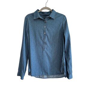 Talbots Women's Blue Polka Dot Cotton Button-Down Roll-Tab Sleeve Shirt Medium